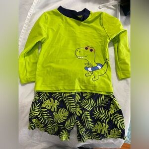 Hudson Baby Lime Green and Navy Swim Trunks Set dinosaur tropical 12m